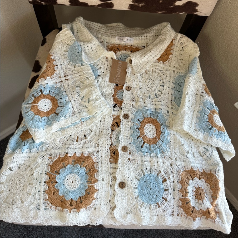 Crochet multi color button up tee
